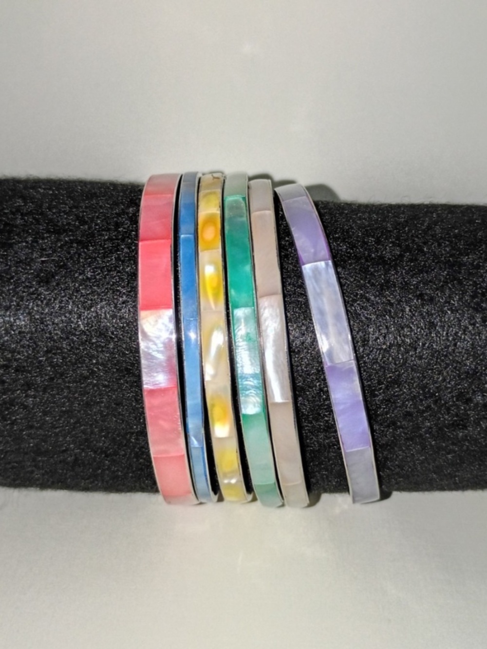 6 Pastel Bracelets Mother Of Pearl Inlay Silver Toned Bangles Pink Green Blue